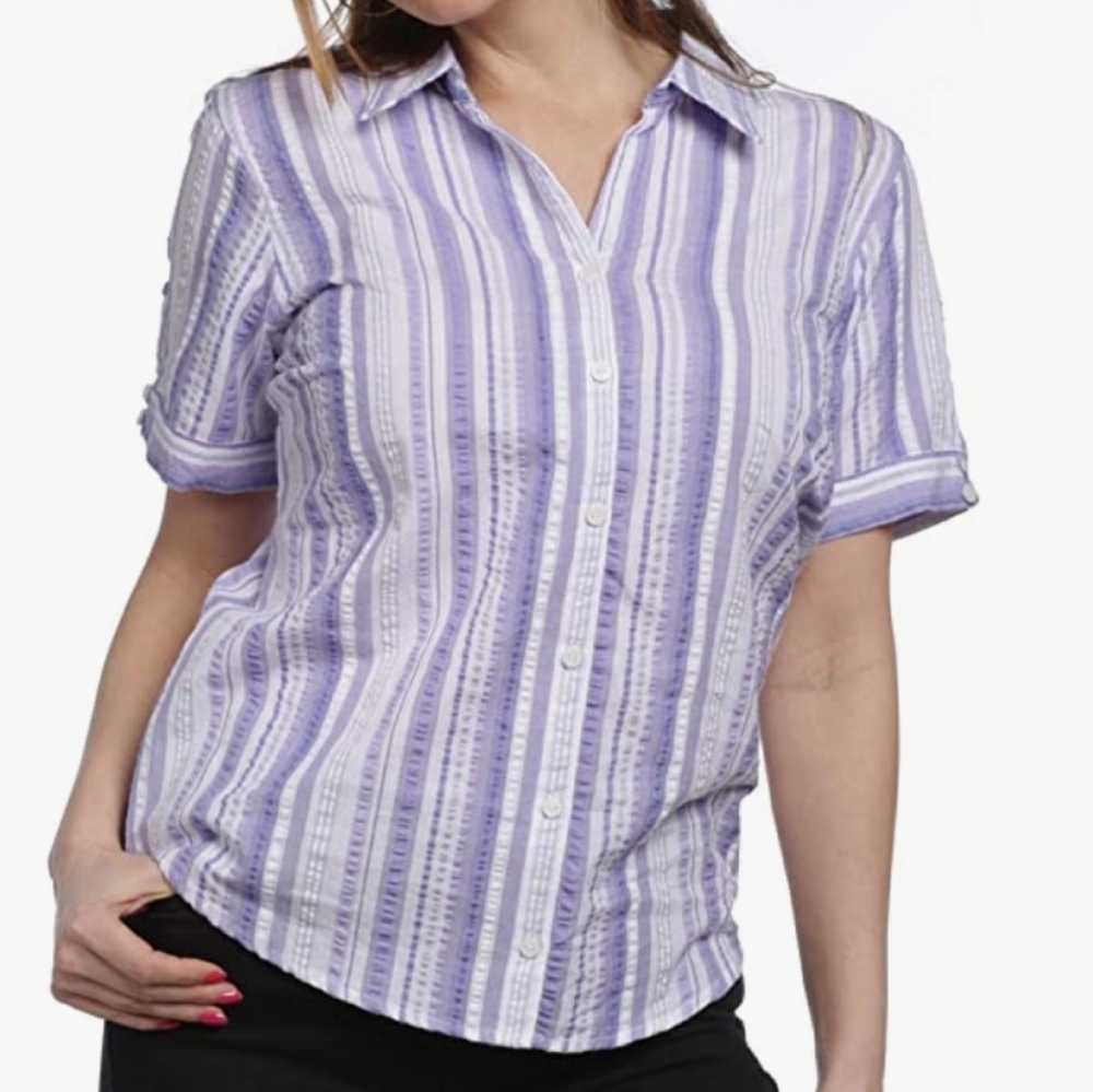 Erika Cheerful Plaid Amethyst Purple Cora Button Up Short Sleeve Top Size S NWT